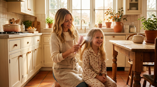 Mom gently detangling her daughter's hair with a mist spray brush, child smiling