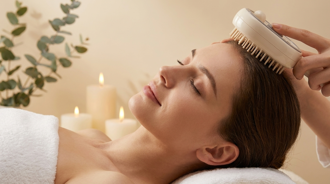 Relaxing scalp massage with an air cushion brush