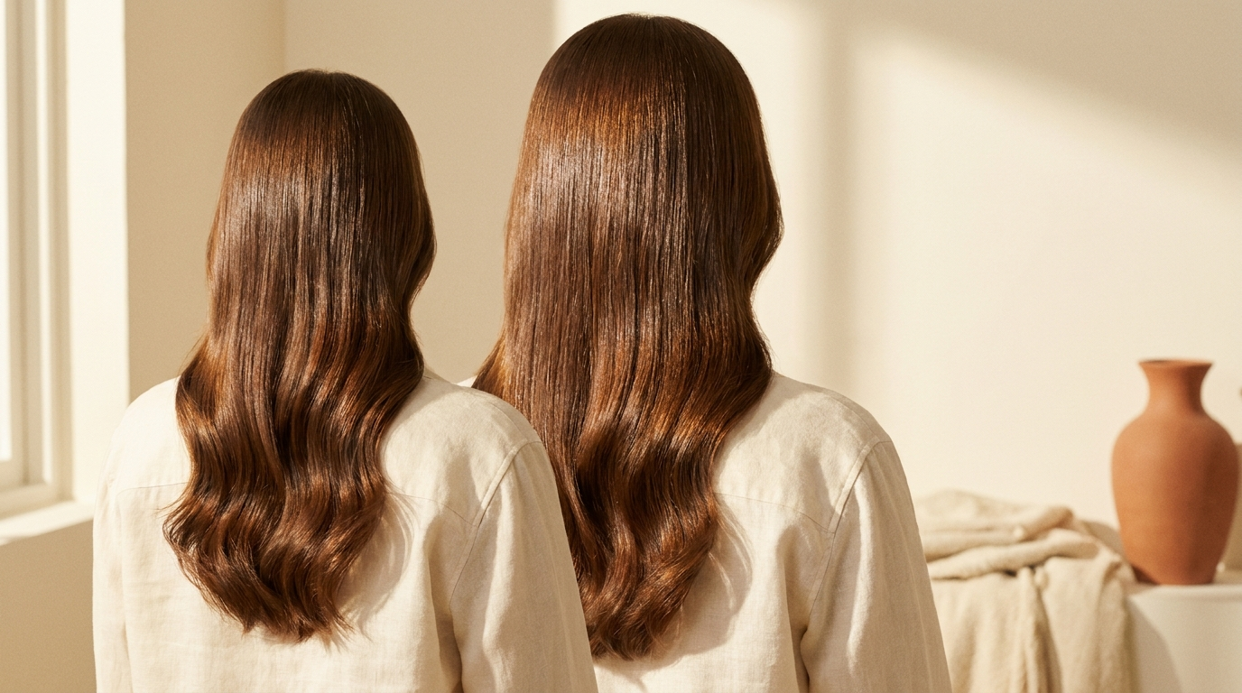 Smooth glossy frizz-free hair after using a hair mist