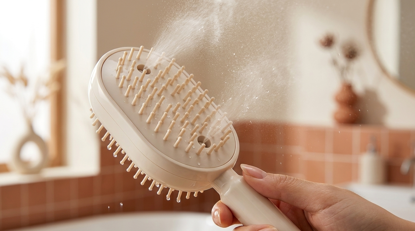 Close-up of a spray hair brush misting fine water spray from the bristle side