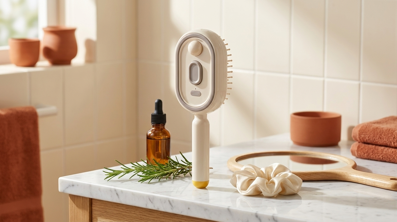 Drayvorx MistComb on a vanity with leave-in conditioner, rosemary and accessories showing its many uses