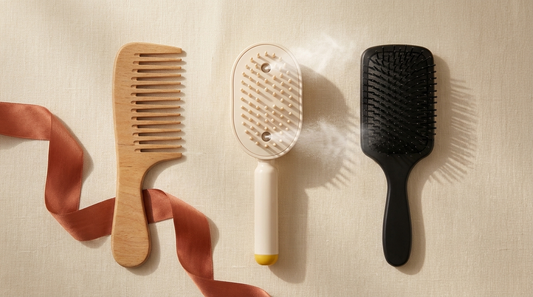 Wide-tooth comb, paddle brush and detangling spray brush compared side by side