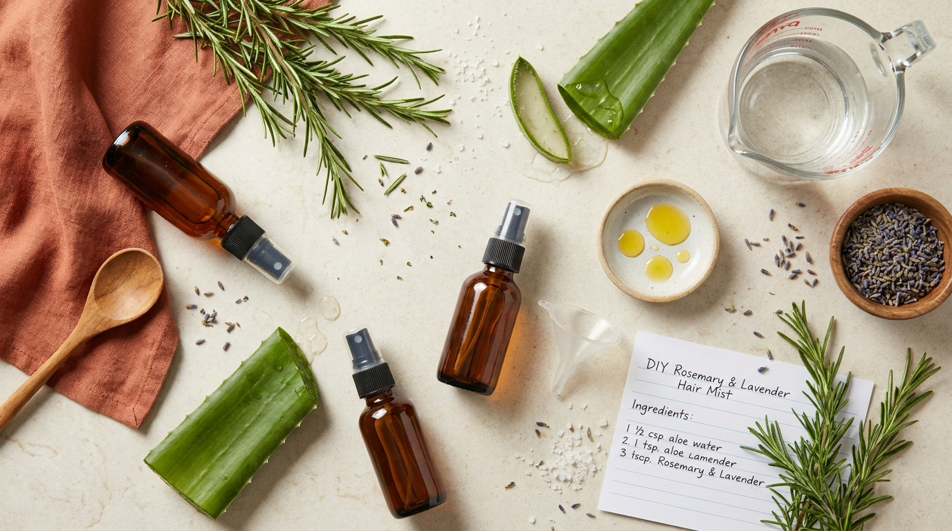 DIY hair mist ingredients flatlay with rosemary, lavender, aloe and amber spray bottles