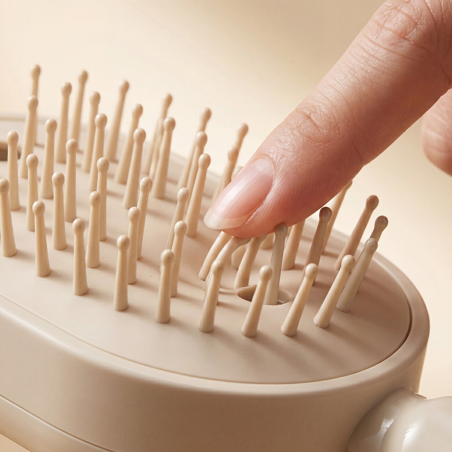 Fingertip pressing Drayvorx MistComb airbag cushion bristles for scalp massage