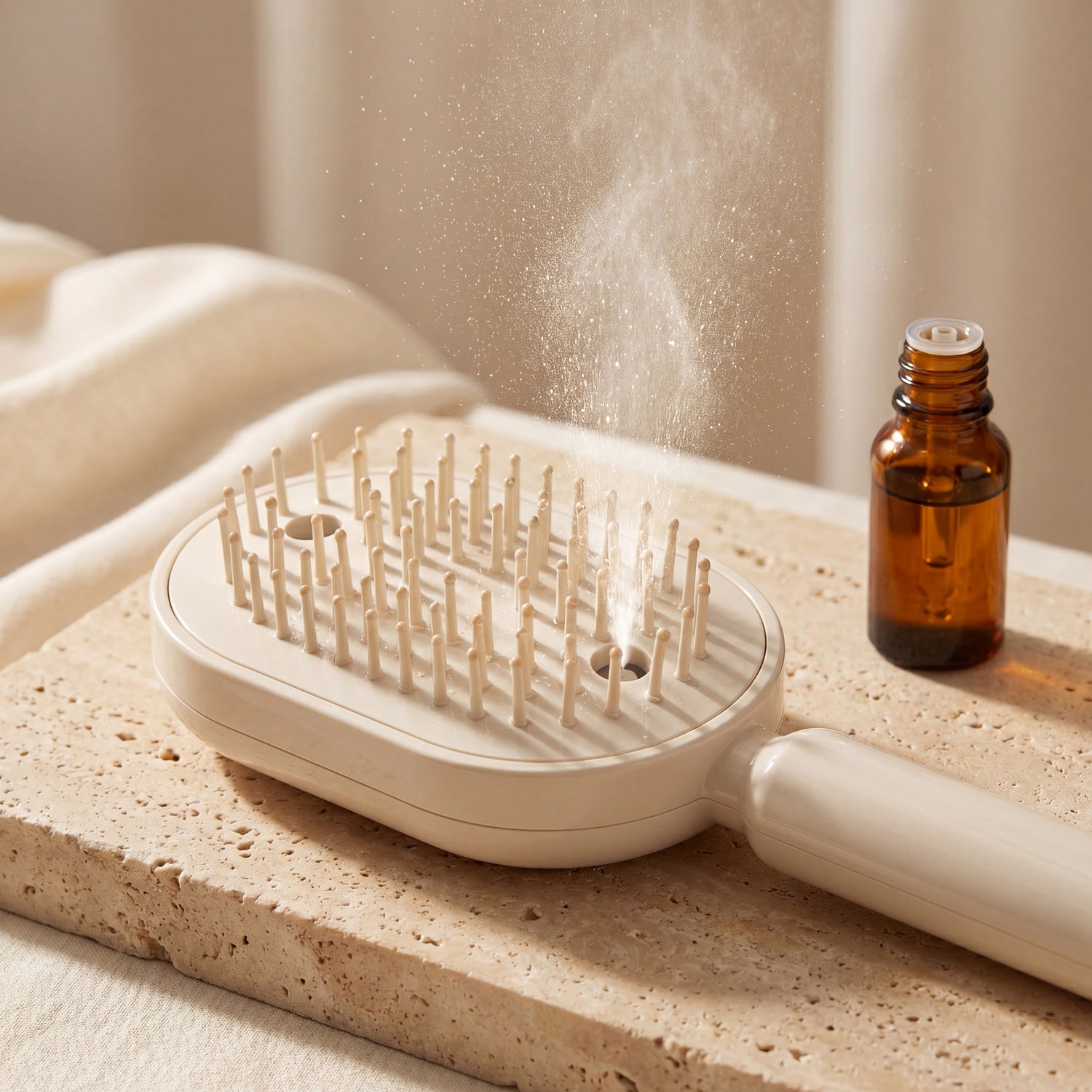 Drayvorx MistComb spraying fine essential oil mist from the bristle side next to amber oil bottle