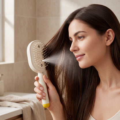Woman spraying essential oil mist into her hair from the bristle side of Drayvorx MistComb