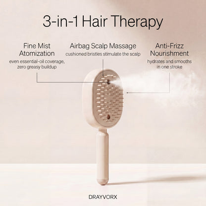 Drayvorx MistComb 3-in-1 benefits infographic: fine mist atomization from recessed bristle-pad nozzle, airbag scalp massage, anti-frizz nourishment