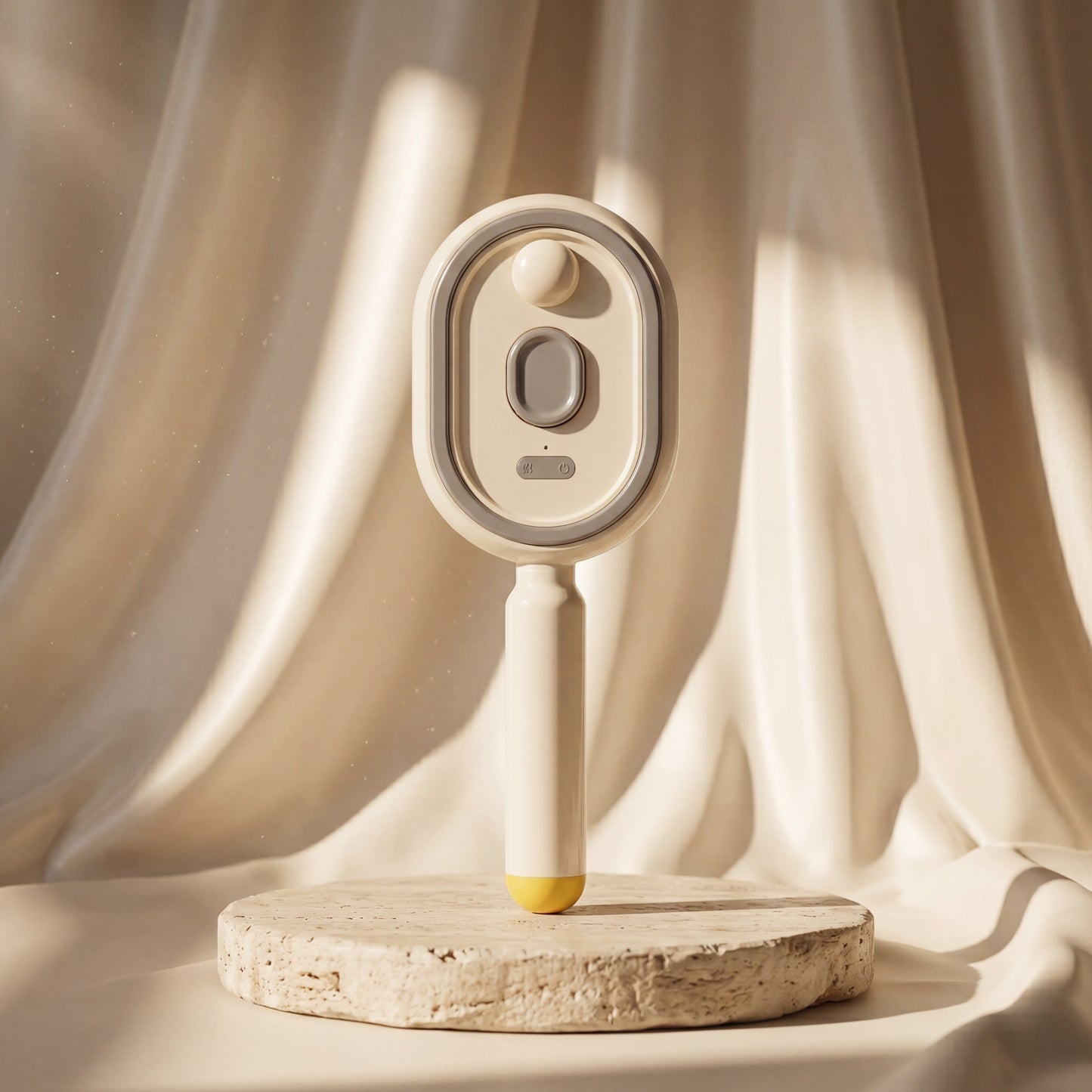 Drayvorx MistComb hair mist spray comb on travertine podium with silk backdrop