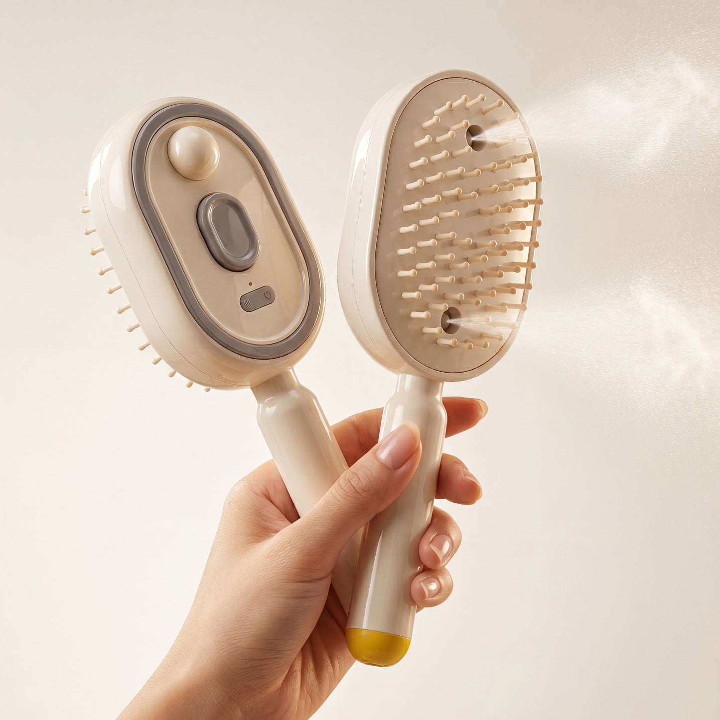 Drayvorx MistComb hero: full product in hand showing button side and bristle side with fine mist spray