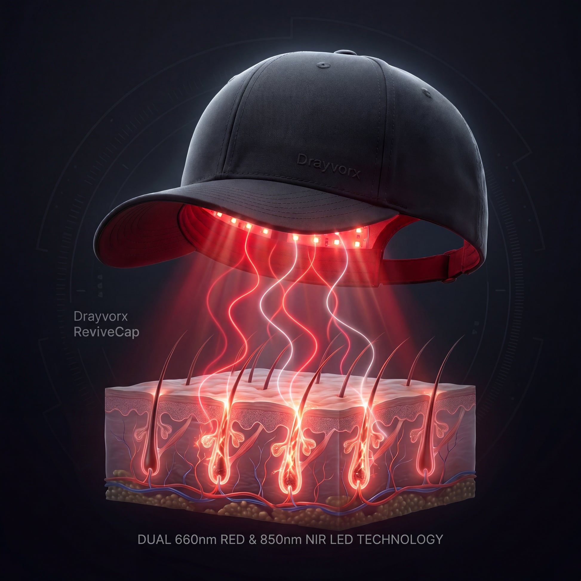 Drayvorx ReviveCap red light therapy cap shown on a model — at-home LLLT hair regrowth device