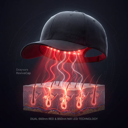 Drayvorx ReviveCap red light therapy cap shown on a model — at-home LLLT hair regrowth device