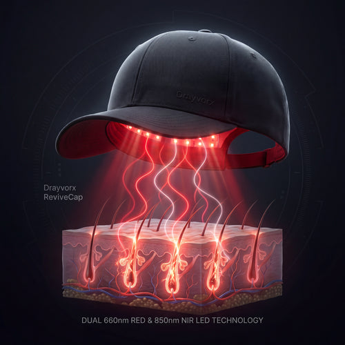 Drayvorx ReviveCap red light therapy cap shown on a model — at-home LLLT hair regrowth device