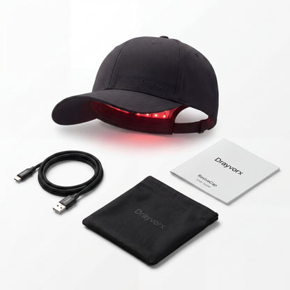 Drayvorx ReviveCap unboxing — laser cap, controller, USB-C cable, and quick-start guide