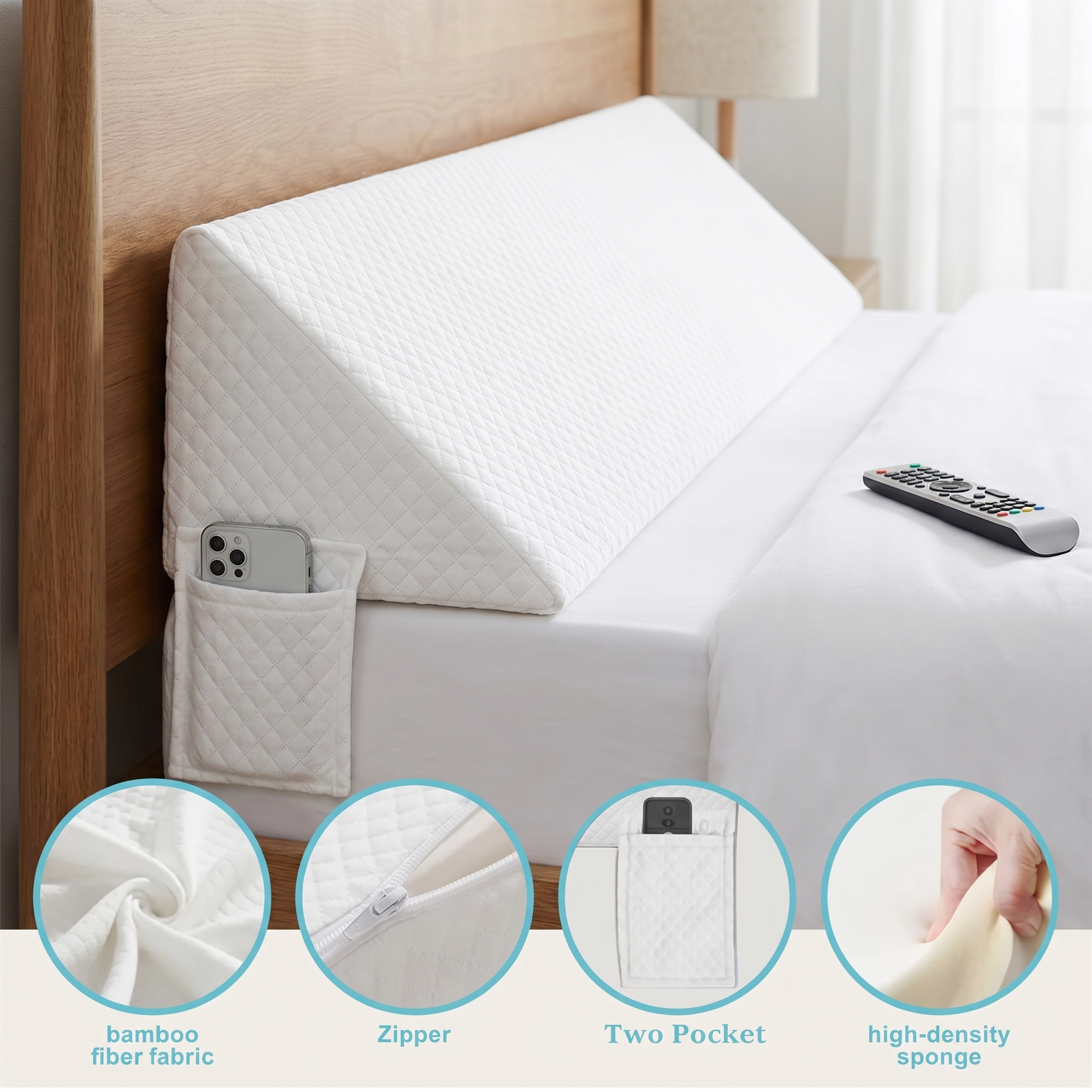 White AirWedge sealing the bed gap - bamboo fiber fabric, zipper, two pockets, high-density sponge