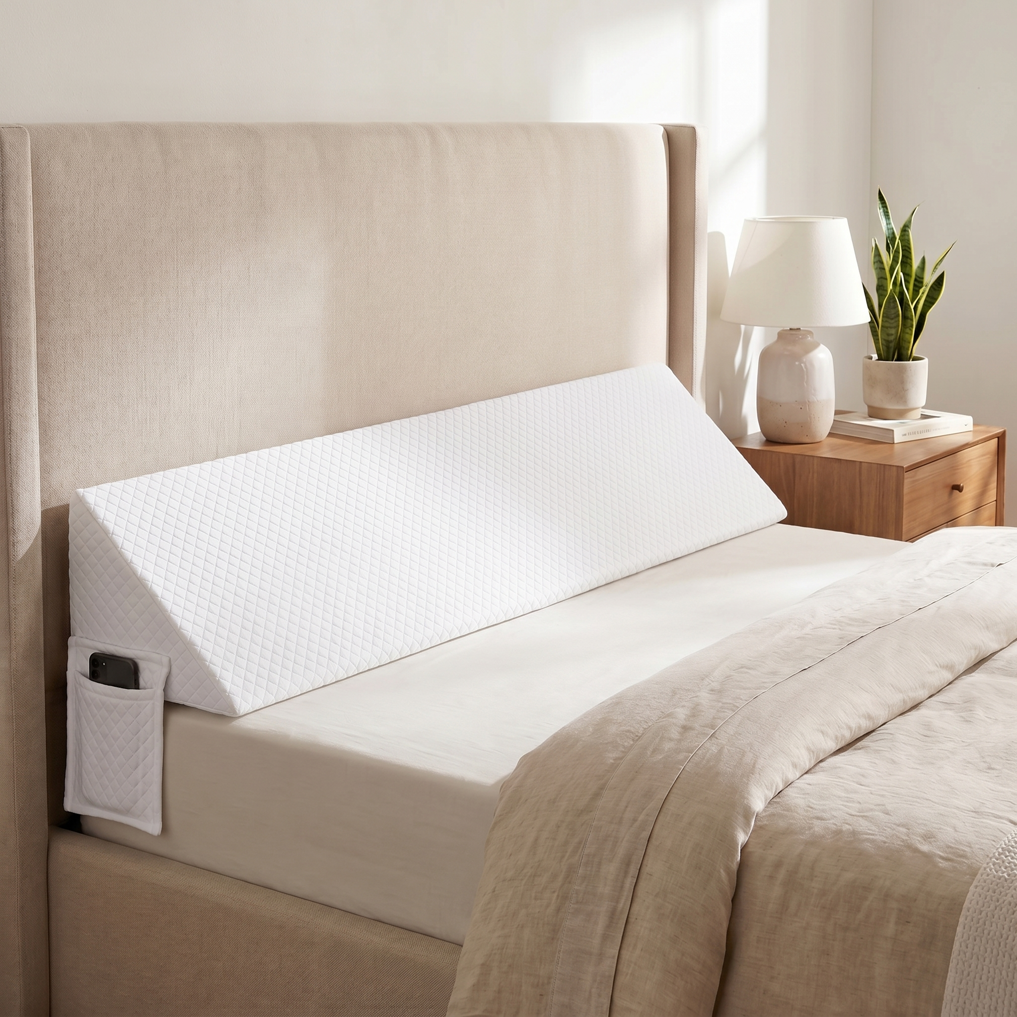 Drayvorx AirWedge white wedge pillow tucked between mattress and headboard, full bed width