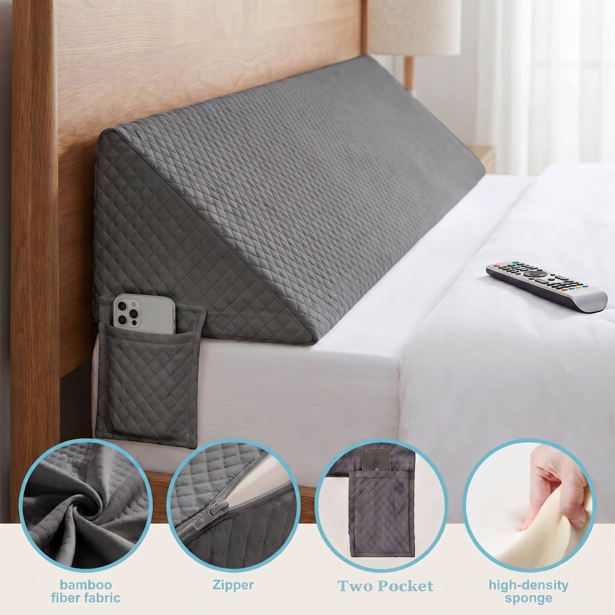Grey AirWedge sealing the bed gap - bamboo fiber fabric, zipper, two pockets, high-density sponge