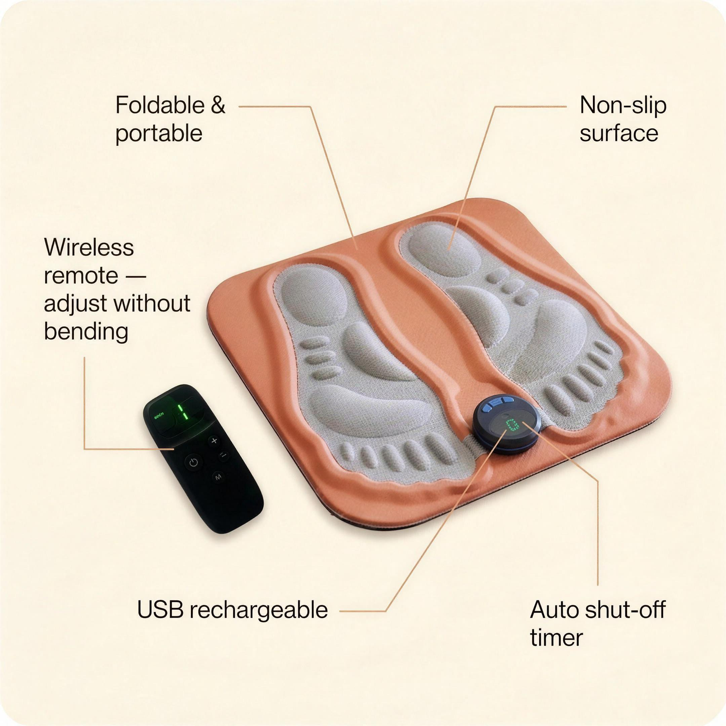 Product features: wireless remote, USB, foldable, non-slip, auto timer