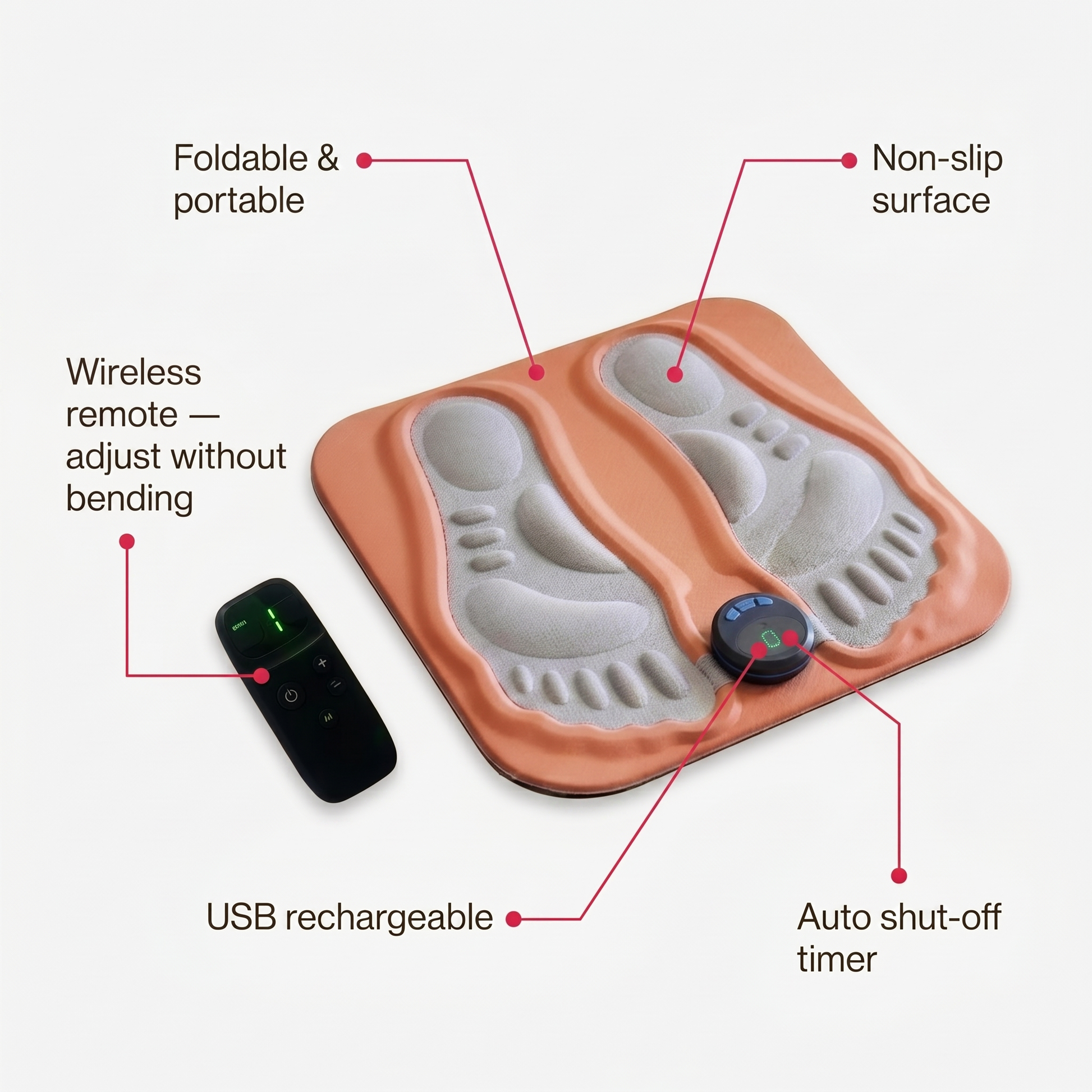 Product features: wireless remote, USB, foldable, non-slip, auto timer