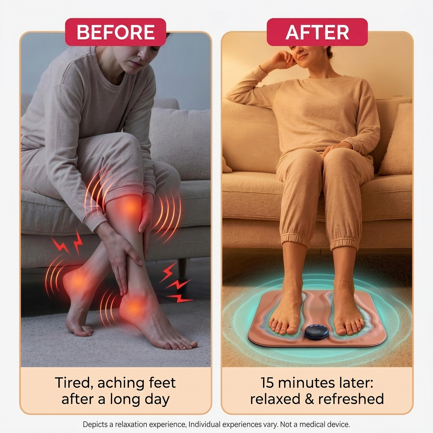 Before and after: tired feet to relaxed feet