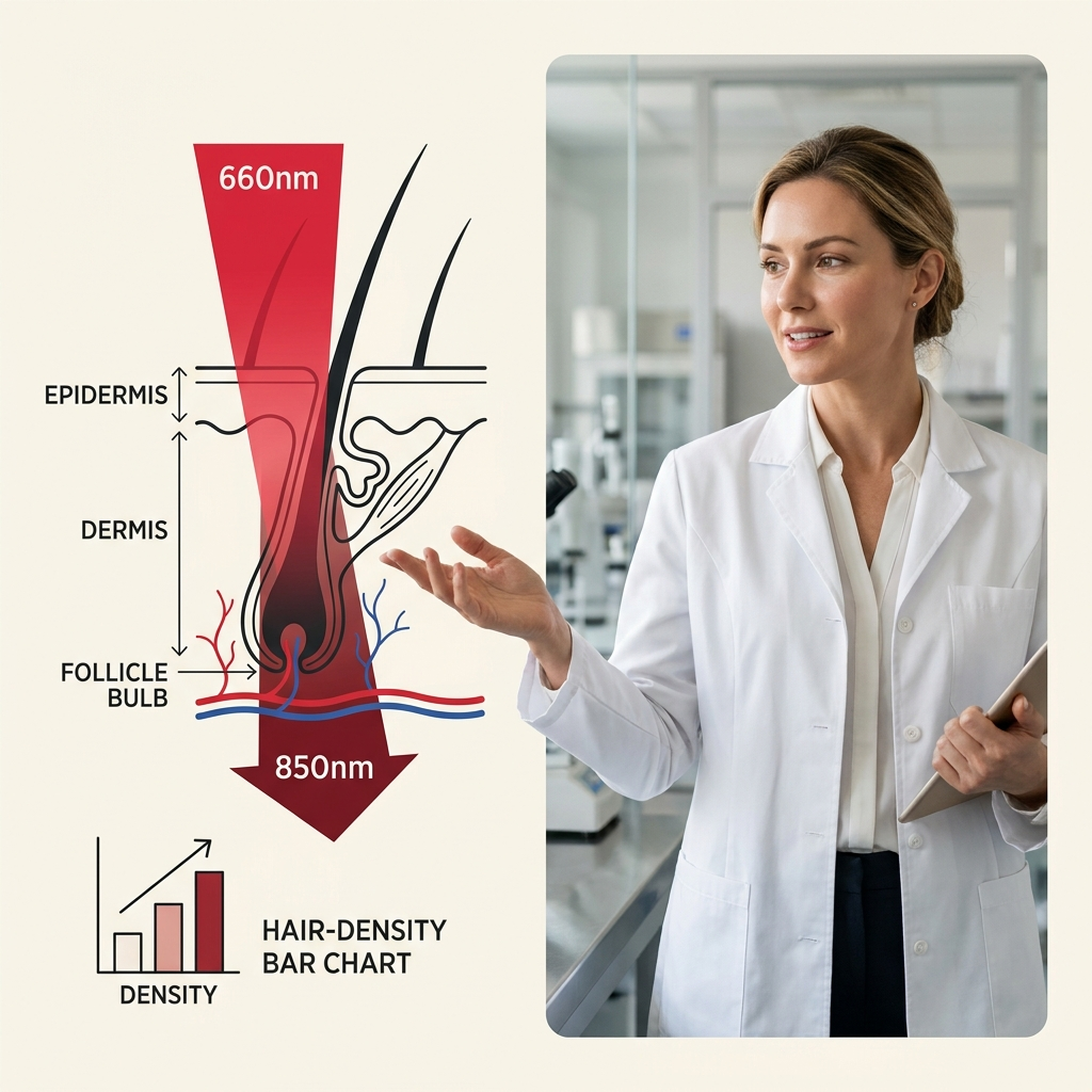 Red light therapy science — 660nm/850nm follicle diagram with a real doctor holding research results (square)