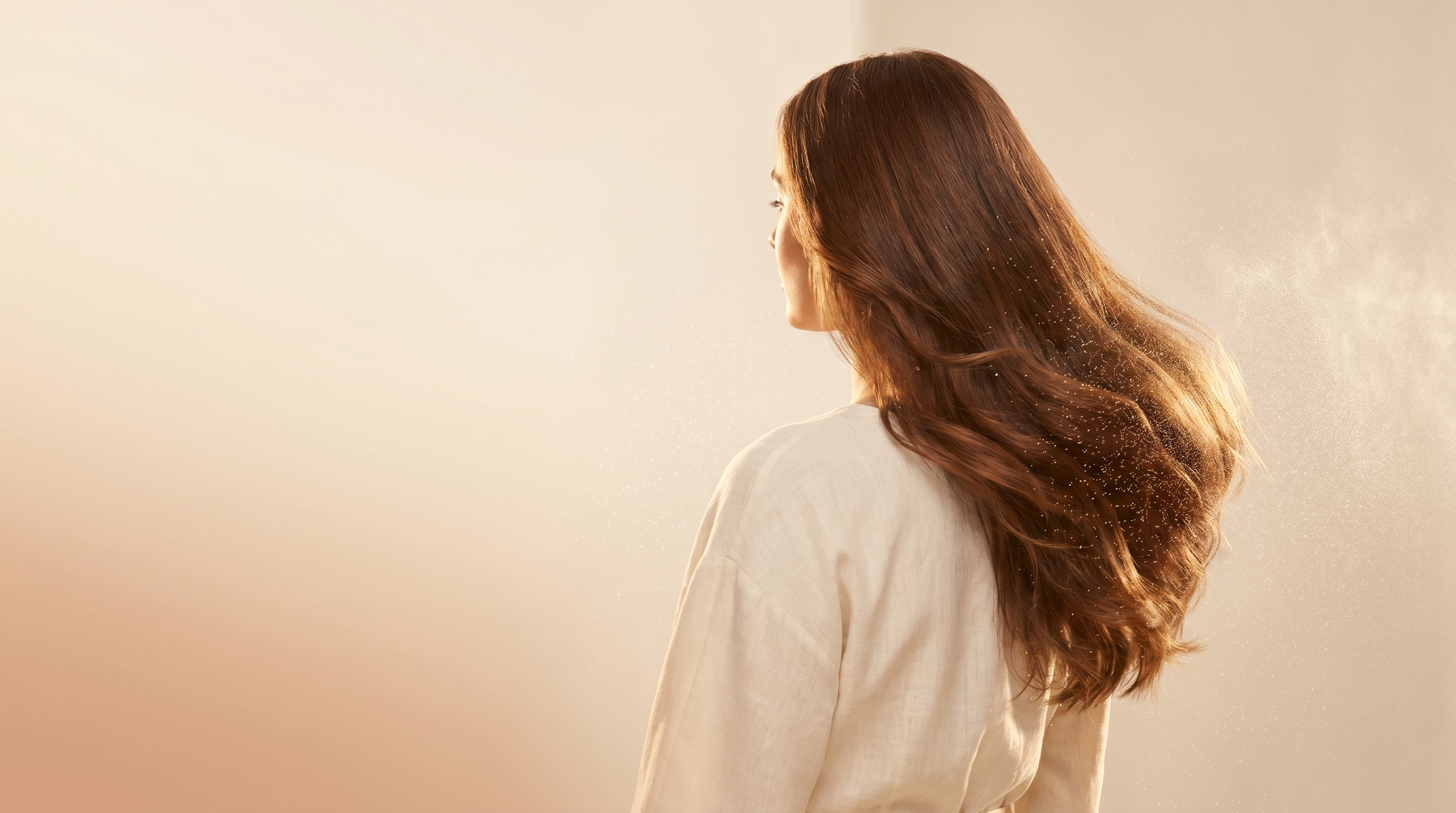 MistComb homepage CTA banner - woman with glossy soft hair in warm light