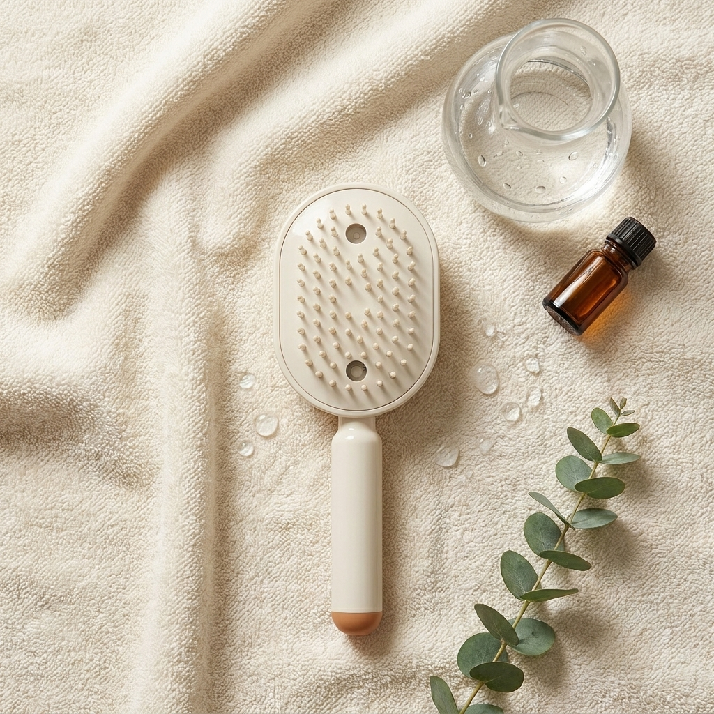 Spa flat lay of MistComb bristle side up showing recessed mist holes, with water and oil